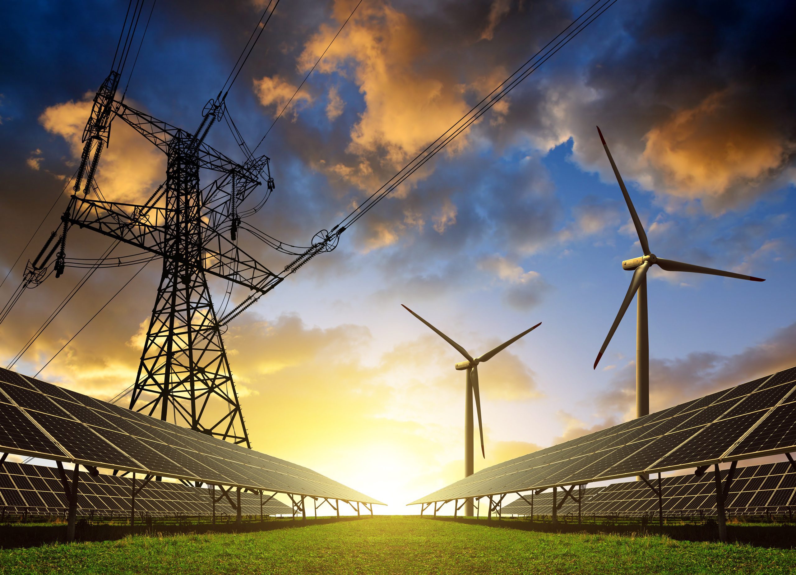 Solar panels with wind turbines and electricity pylon at sunset. Solar panels with wind turbines and electricity pylon at sunset.